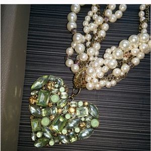 Pearl Necklace with Emerald Rhinestones Costume Jewelry